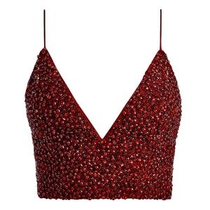 Alice + Olivia Bordeaux Red Crystal Embellished Crop Top With Smocked Ba…